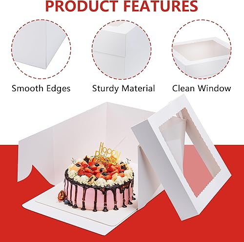 Miniatura 4 de 15 cajas para pasteles, 12 x 12 x 8 pulgadas, cajas de panadería blancas con ventana, cajas grandes para hornear con 80 calcomanías para tartas,