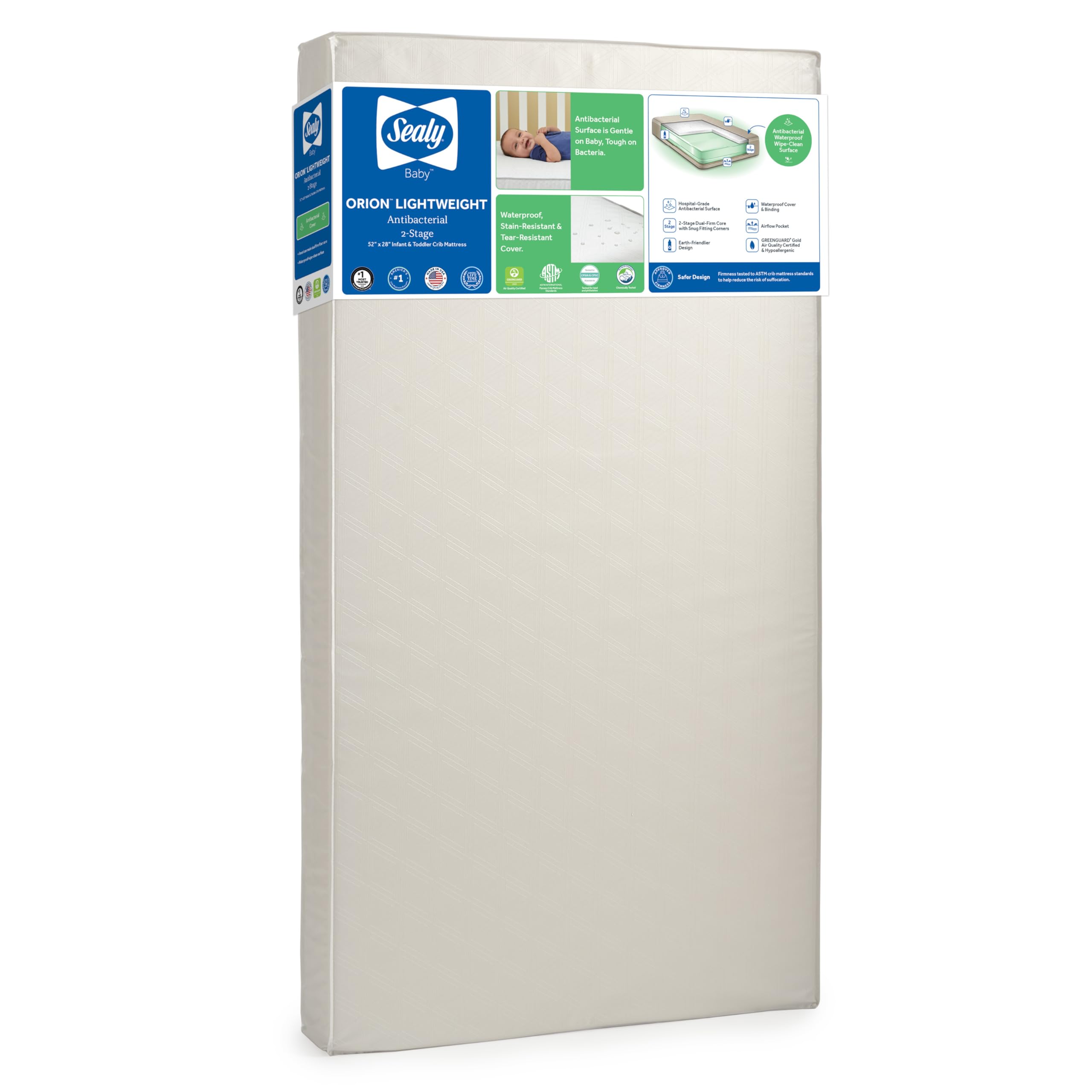 Sealy Baby Orion Antibacterial 2-Stage Breathable Crib Mattress, Toddler Bed Fit, Lightweight, Waterproof, Non-Toxic, GREENGUARD Gold Certified, USA