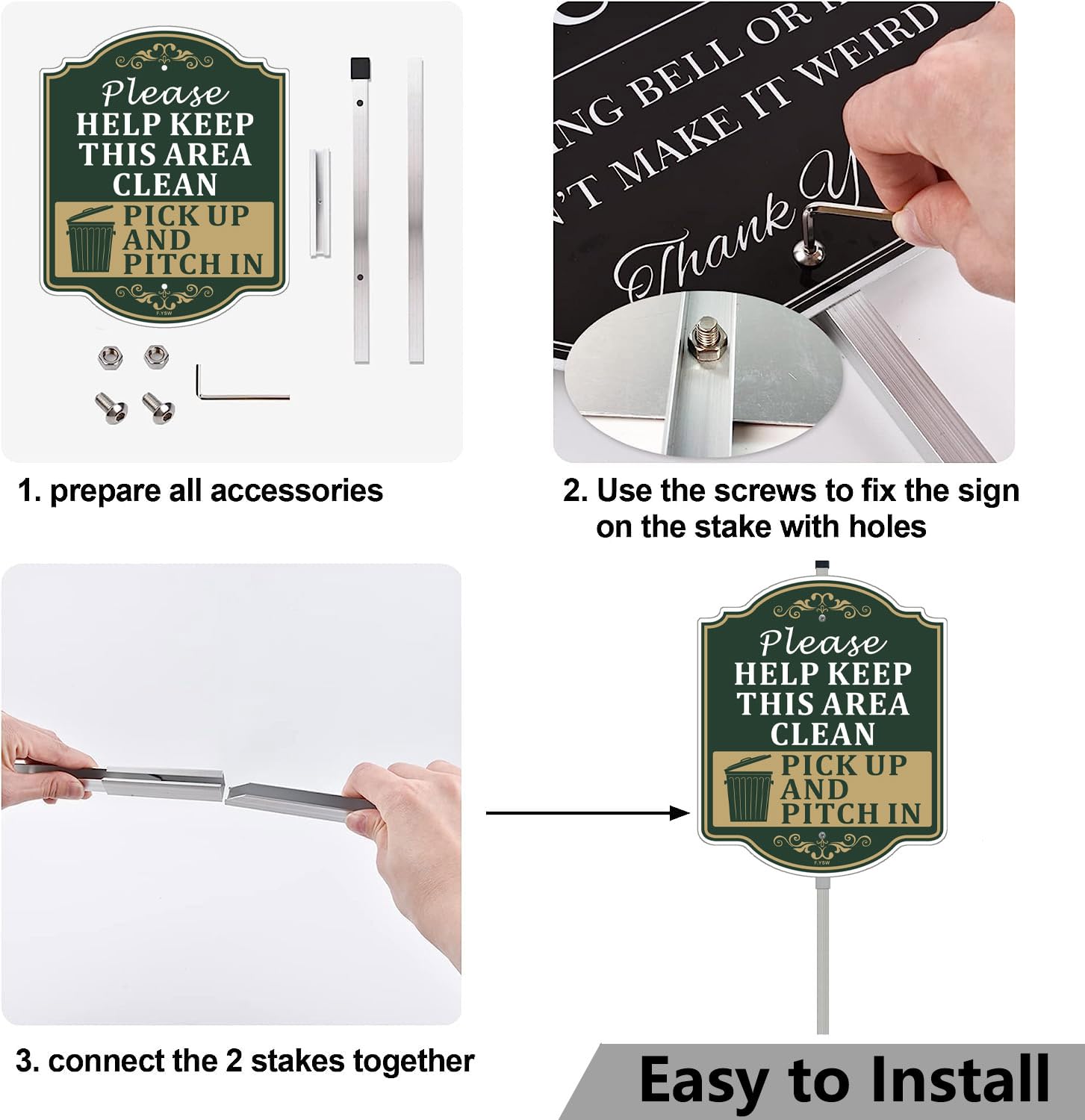 Letrero con texto en inglés "Please Help Keep This Area Clean Pick Up And Pitch In" de 12 x 10 pulgadas con estaca de metal de 35 pulgadas de largo con soporte de aluminio para uso al aire libre