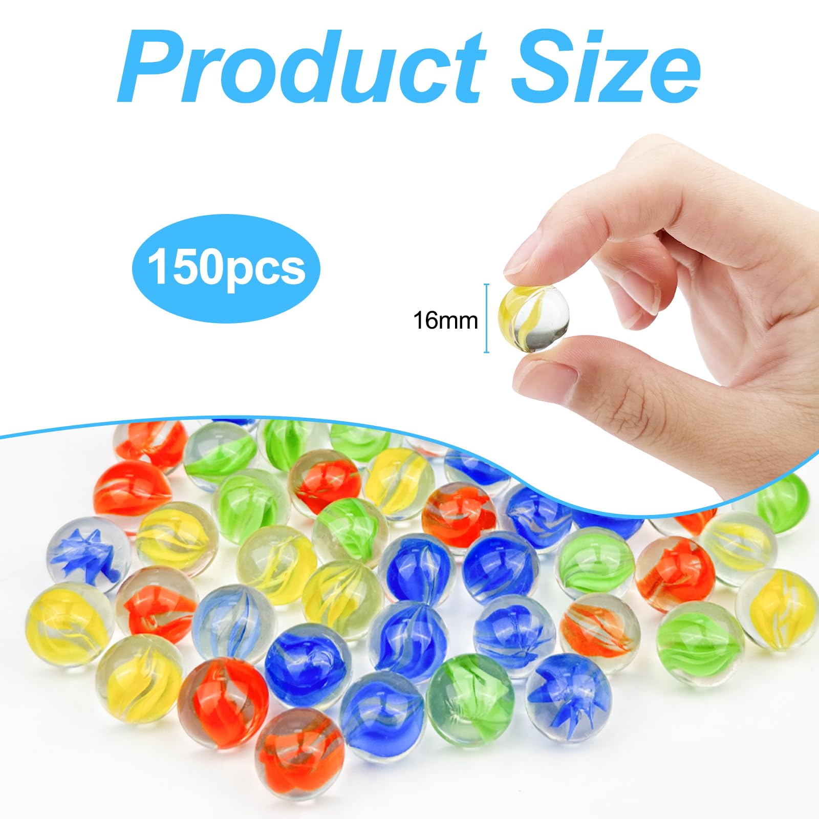 Set de 150 Canicas de Cristal, Grandes para Juguete, Juego, Pescado y Decoración de Plantas - Diámetro 16 mm