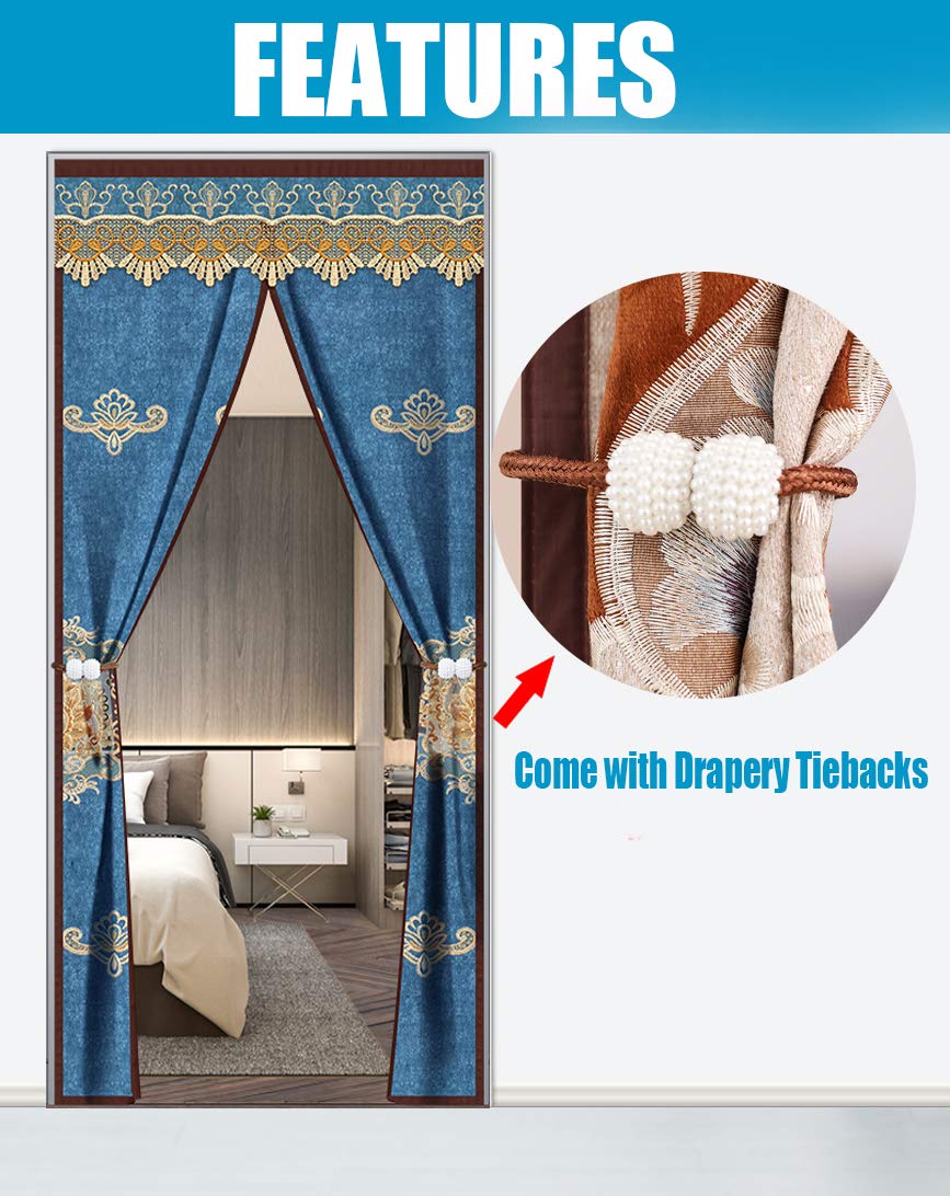 Rideau Occultant pour Porte Avec Embrasses de Rideau Magnétique Thermique Isolation Porte Moustiquaire Rideau De Porte Isolant Coupe-vent Phonique 200x240cm Filet Creux Bleu
