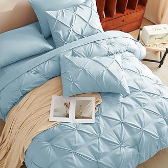 CozyLux Queen Comforter Set Light Blue, 7 Pieces Pintuck Bed in A Bag, Premium Blue Comforter Queen Size, Pinch Pleat Bedding Sets with Comforter, Sheets, Pillowcases & Shams