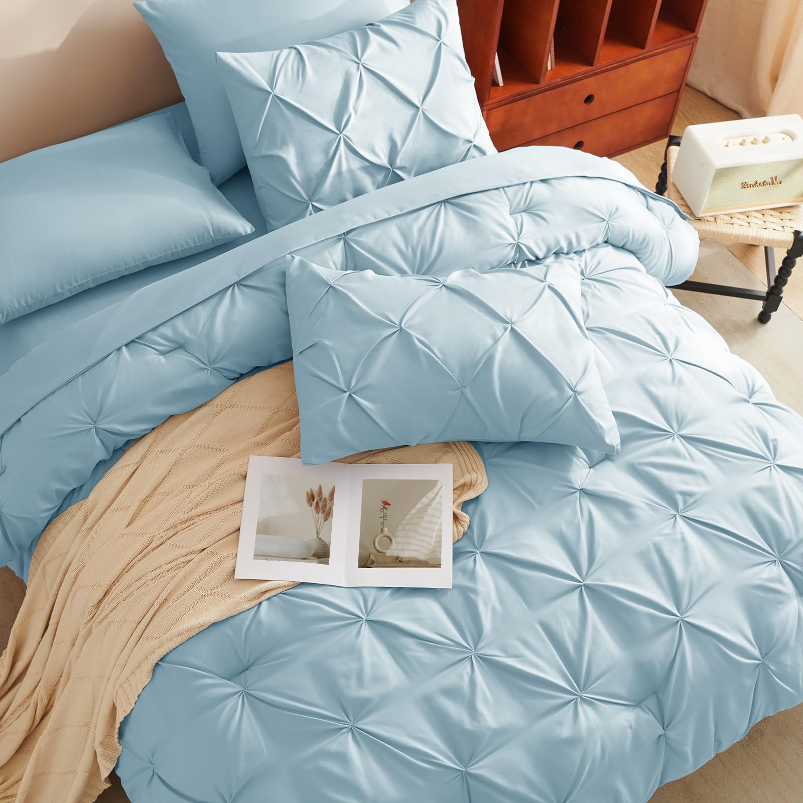 CozyLux Queen Comforter Set Light Blue, 7 Pieces Pintuck Bed in A Bag, Premium Blue Comforter Queen Size, Pinch Pleat Bedding Sets with Comforter, Sheets, Pillowcases & Shams