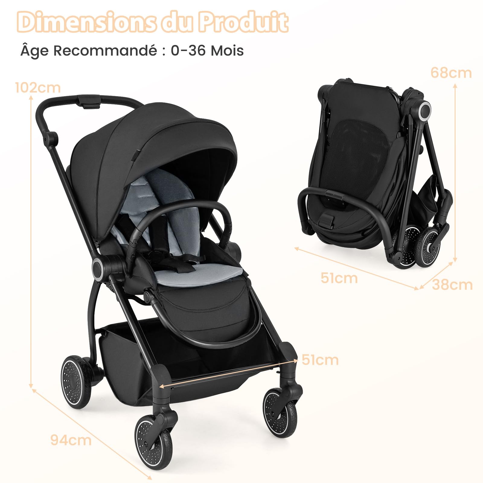 COSTWAY Poussette Canne Bébé 0-3 Ans(Charge 15 kg) avec Siège Réversible & Dossier Inclinable, Poussette Compacte et Légère Pliable avec Auvent Réglable & Panier Inférieur, Harnais à 5 Points (Noir)