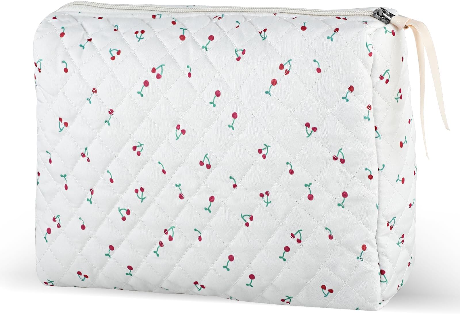 Amaxiu Large Makeup Bag, Travel Cosmetic Bags Toiletry Bag with Zipper Kawaii Cherry Prints Checkered Aesthetic Quilted Makeup Pouch Organizer for Women (A)