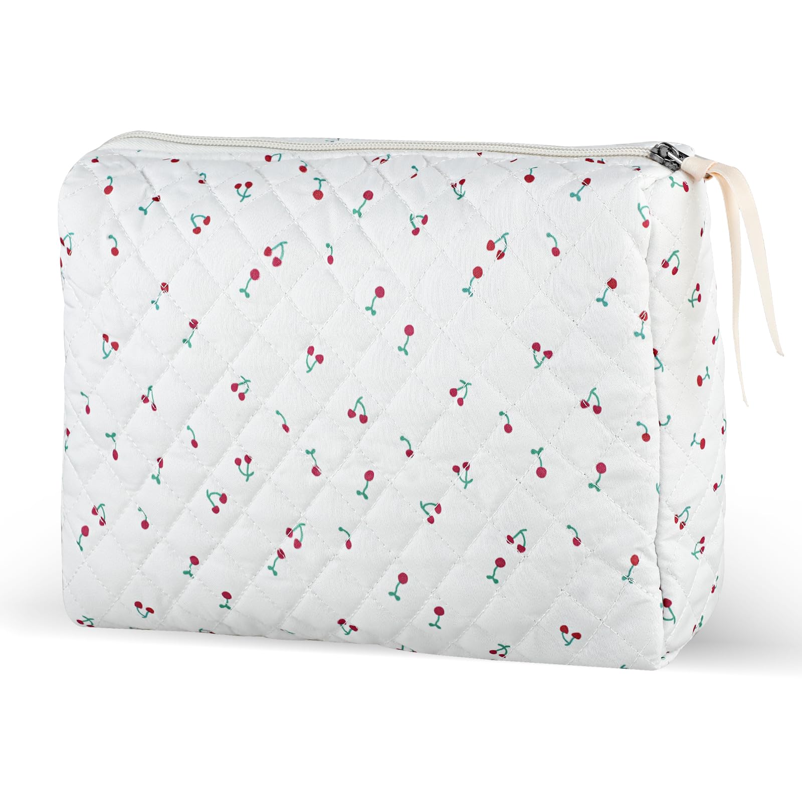 Amaxiu Large Makeup Bag, Travel Cosmetic Bags Toiletry Bag with Zipper Kawaii Cherry Prints Checkered Aesthetic Quilted Makeup Pouch Organizer for Women (A)