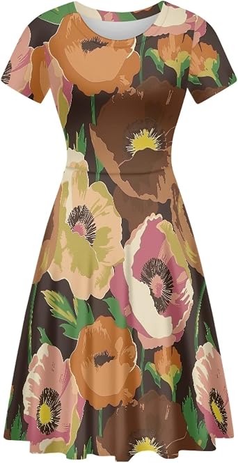 AmzPrint Womens Summer Dresses Casual Sundresses Short Sleeve Fit and Flare A Line Midi Swing Pleated Dresses for Women