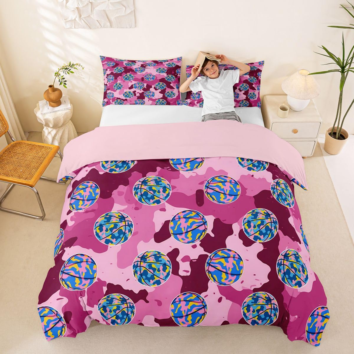 Homemissing Set di biancheria da letto per bambini e bambine, motivo mimetico, rosa, per letto super king size, motivo videogiochi, decorazione per camera da letto, 3 pezzi, chiusura
