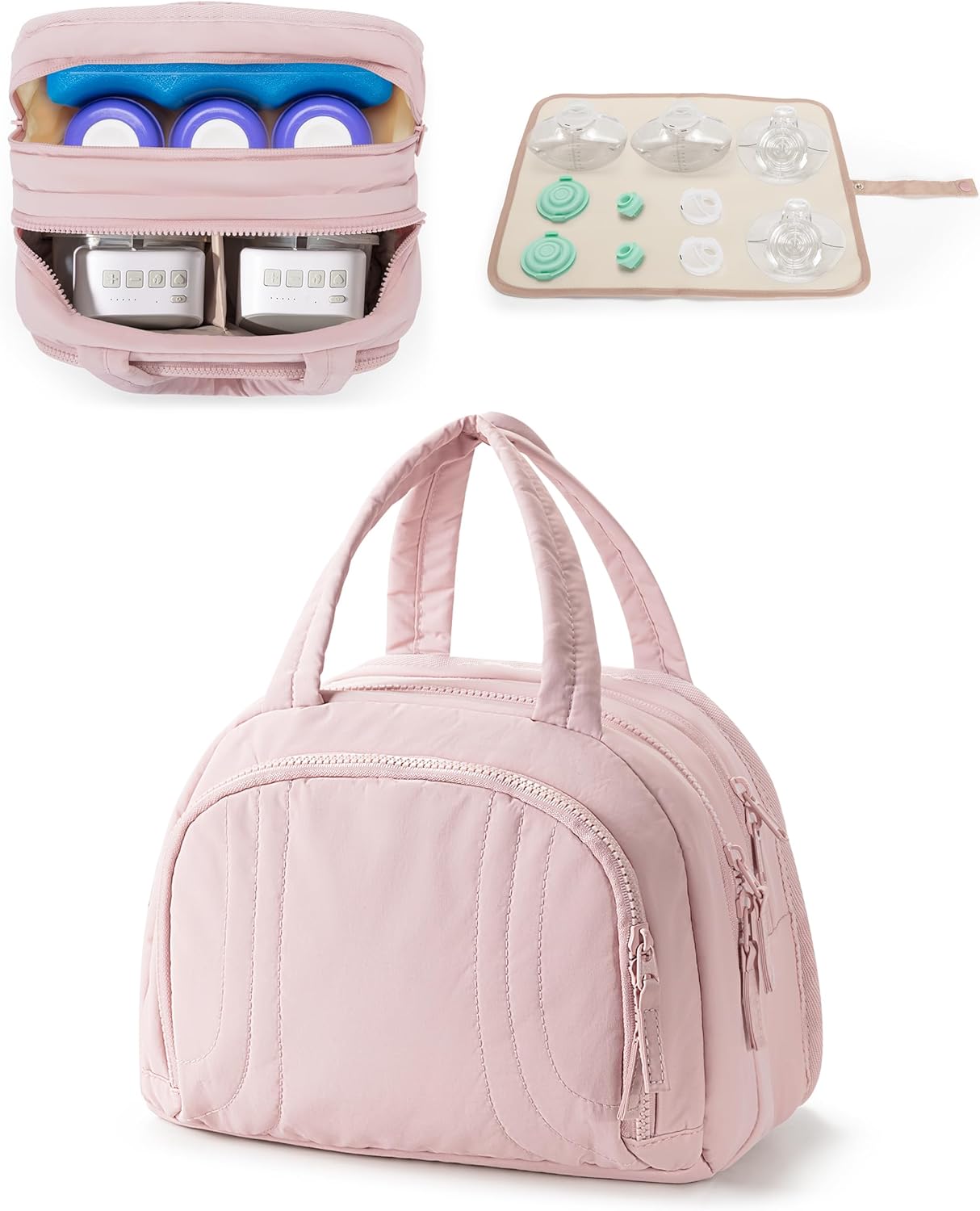 Wearable Breast Pump Bag Compatible with Momcozy and Eufy, Portable Pumping Bag with Cooler Compartment, Breast Pump Carrying Case with Drying Mat for Work, Travel and Family Use, Pink