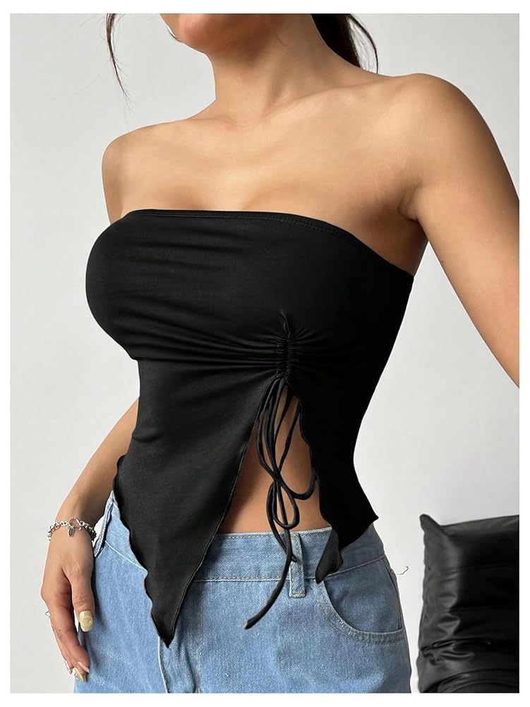 WDIRARA Women's Drawstring Side Tube Top Asymmetrical Hem