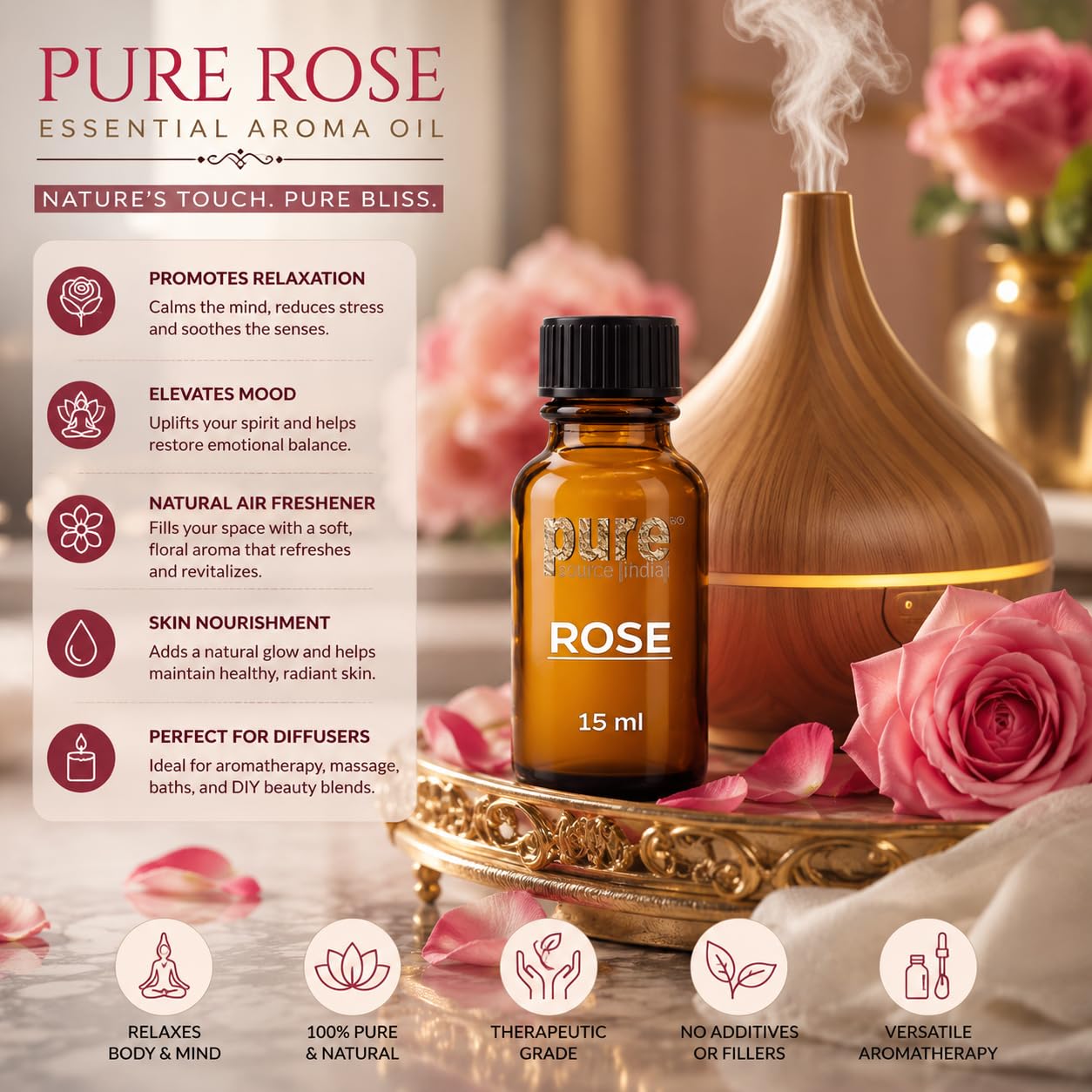 Pure Source India Rose Essential Aroma Diffuser Oil(15ml) | Long-Lasting Floral Fragrance | For Diffusers, Humidifiers & Home Fragrance 4