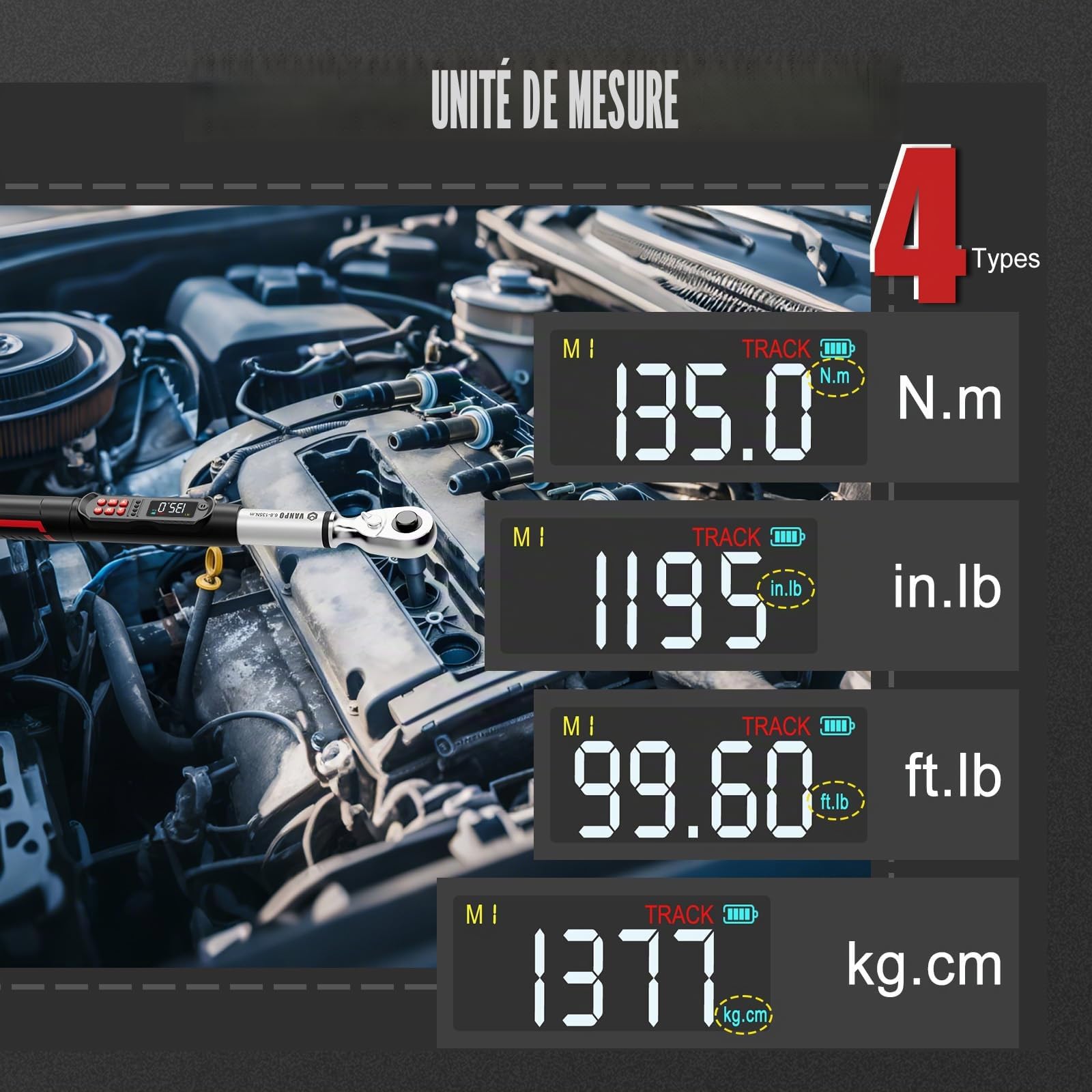 VANPO Clé Dynamométrique Numérique 3/8" 6.8-135NM pour Vélos, Moto