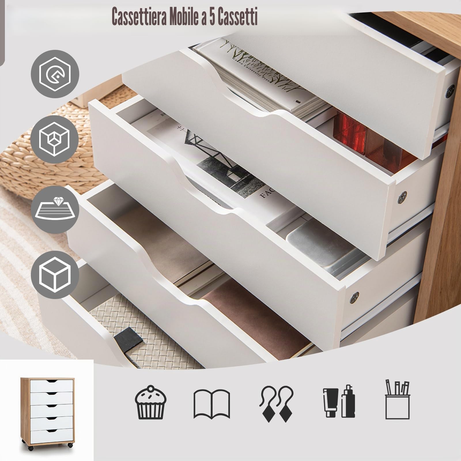 KOMFOTTEU Cassettiera Ufficio con 5 Cassetti, Cassettiera Scrivania con Ruote Universali, Schedario Portadocumenti in Legno per Soggiorno, Camera da Letto, Studio, 49 x 42 x 66 cm (Naturale)