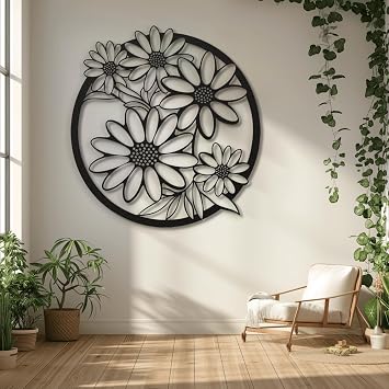 XXQ Metal Wall Art Decor, Daisy Flower Wall Sculpture Indoor Outdoor Metal Art for Bedroom Living Room Kitchen Patio Available in Black White and Gold Black, 31" x 31" / 80 x 80cm