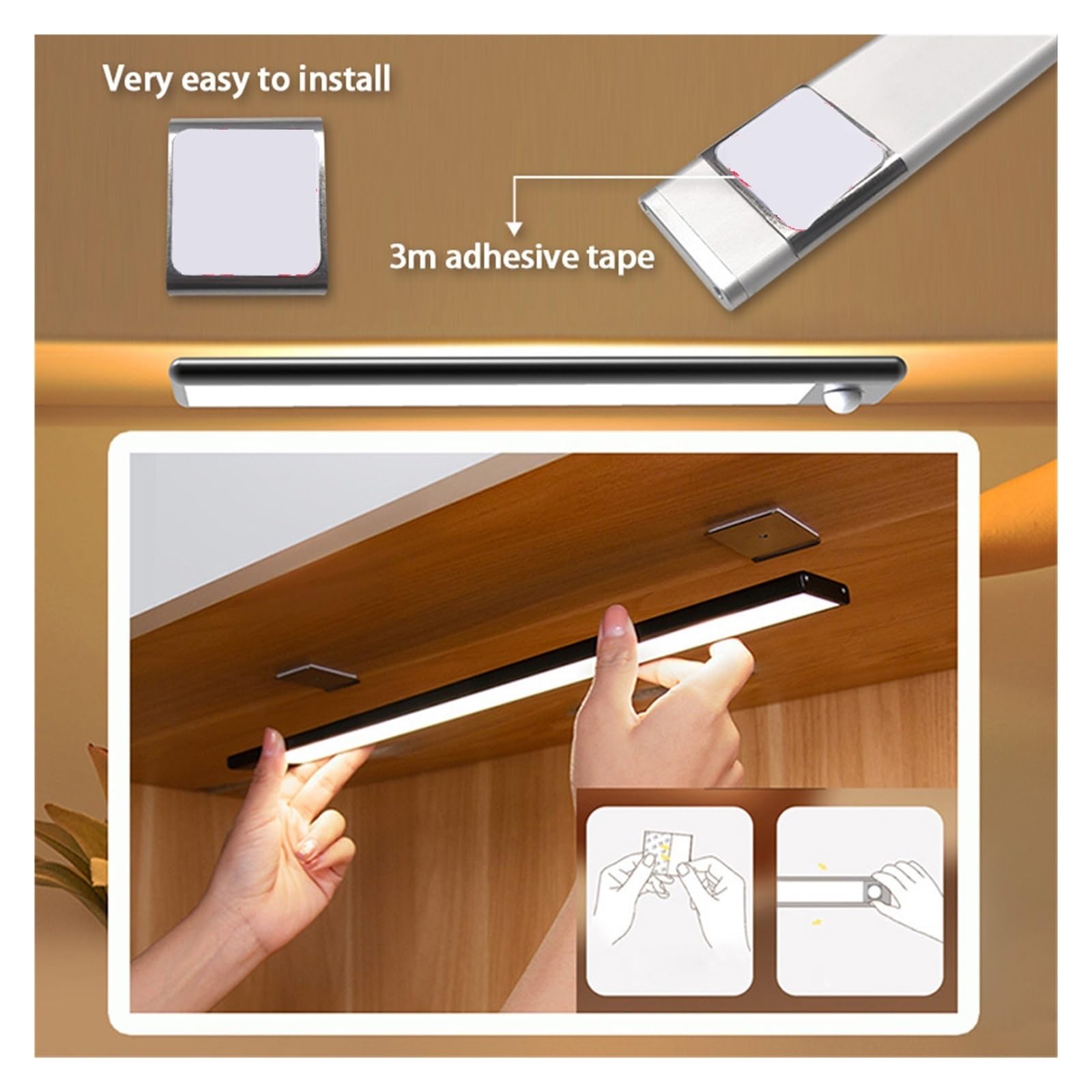 Luces Bajo Armario Luces LED Ultrafinas For Debajo Del Armario, Lámpara Recargable Por USB Con Sensor De Movimiento For, Iluminación Fondo(30CM Black,Warm white)