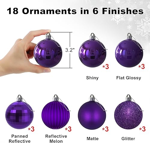 Vista 949 de 18 esferas medianas decorativas navideñas para árbol de Navidad, inastillables, para colgar, color púrpura, 2.5 pulgadas, paquete de 18