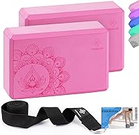 Overmont Yoga Blocks 2 Pack with Strap - High-Density EVA Foam, Non-Slip, Lightweight Support for Yoga Pilates Stretching 9x6x3 Inch Pink