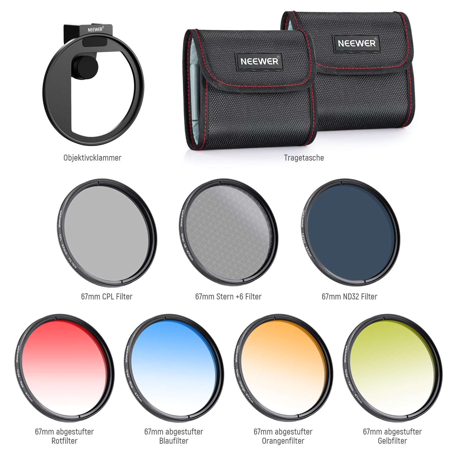 NEEWER 67mm ND Filter Kit für phones mit Cold Shoe Objektivclip, CPL/ND32/6 Punkt Stern/4 abgestuften Farbfiltern, kompatibel mit iPhone 17, 16, 16e, 15, Android, Samsung Galaxy S25 Ultra, S24