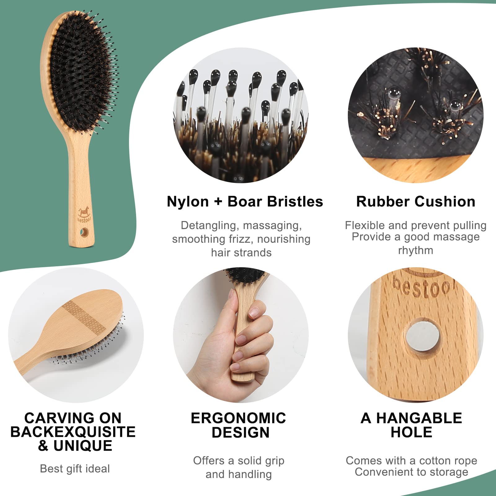 BESTOOL Curly Hair Brush Curl Defining Brush For Women Men Boar Nylon Bristle Hairbrush For Wetdry Hair Smoothing Massaging Detangling