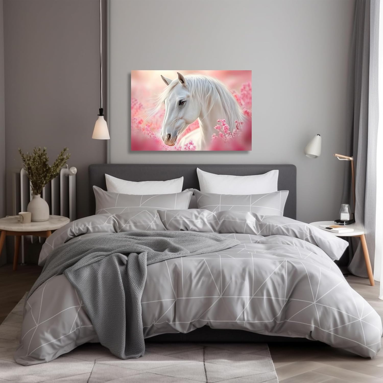 XLMDYYSW White Horse Canvas Wall Art Pink and White Pictures Animal Flowers Art Prints Girls Room Decor Painting Modern Framed Artwork for Bathroom Living Room (Pink, 12L x 18W)