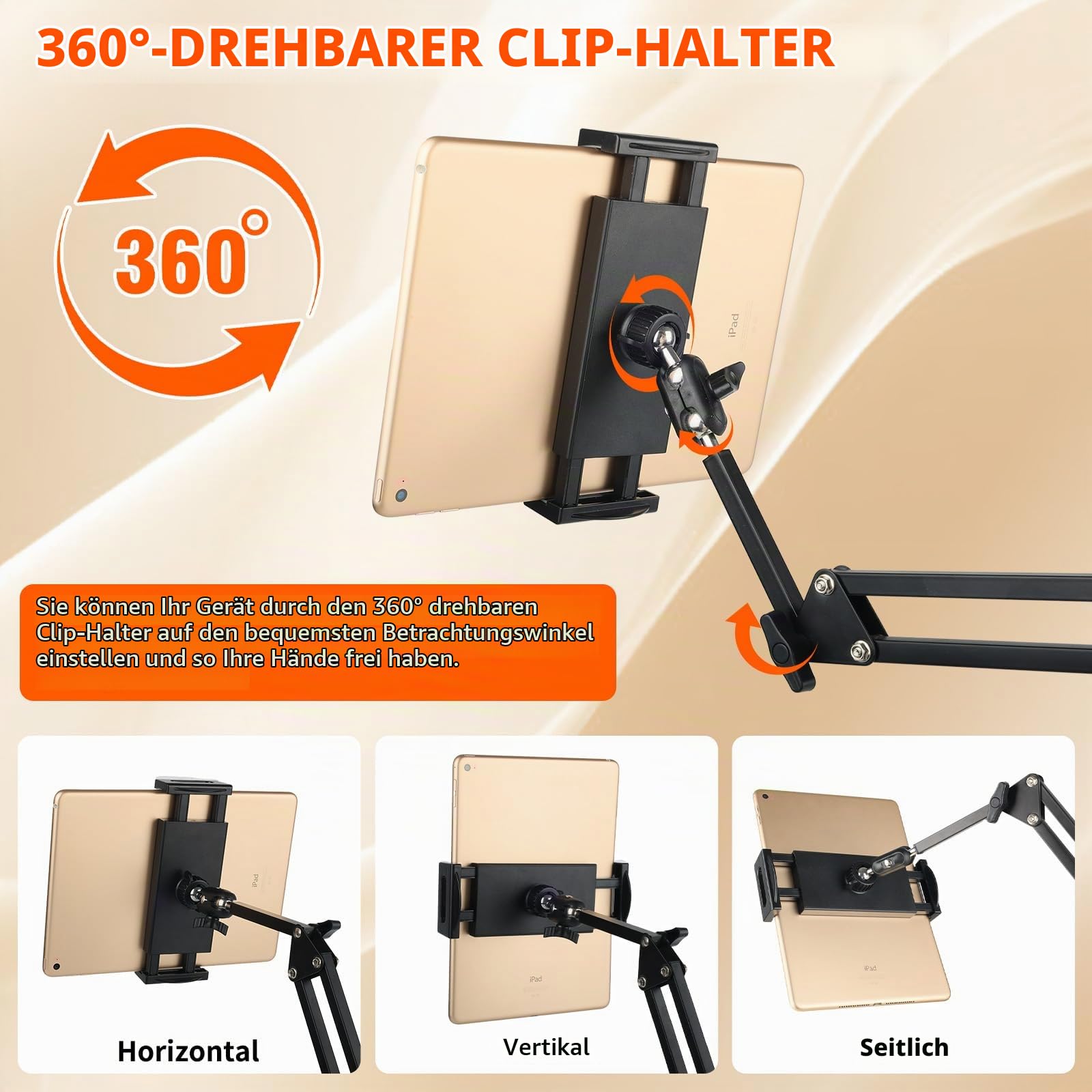 Hand Frei Tabletstablet Halterung für Bett mit Verstellbar Langen Arm - Faltbar Metall Ständer für Kindle, Tablets, iPad und Handy, Verstecktes Design, Keine Schäden an Möbeln (NB-35D)