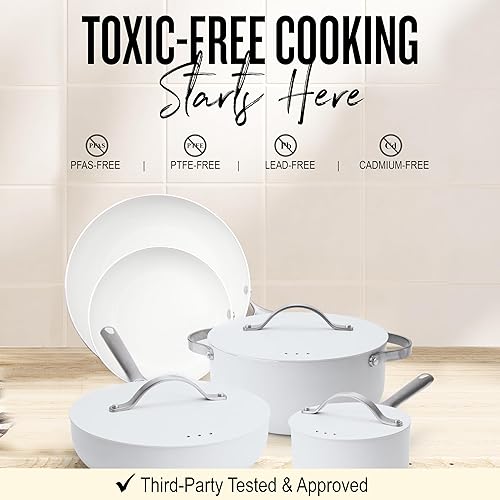 Miniatura 9 de Alva Mobi - Juego de utensilios de cocina antiadherentes de cerámica de 8 piezas, ollas y sartenes sin tóxicos con tapa, aptos para inducción y