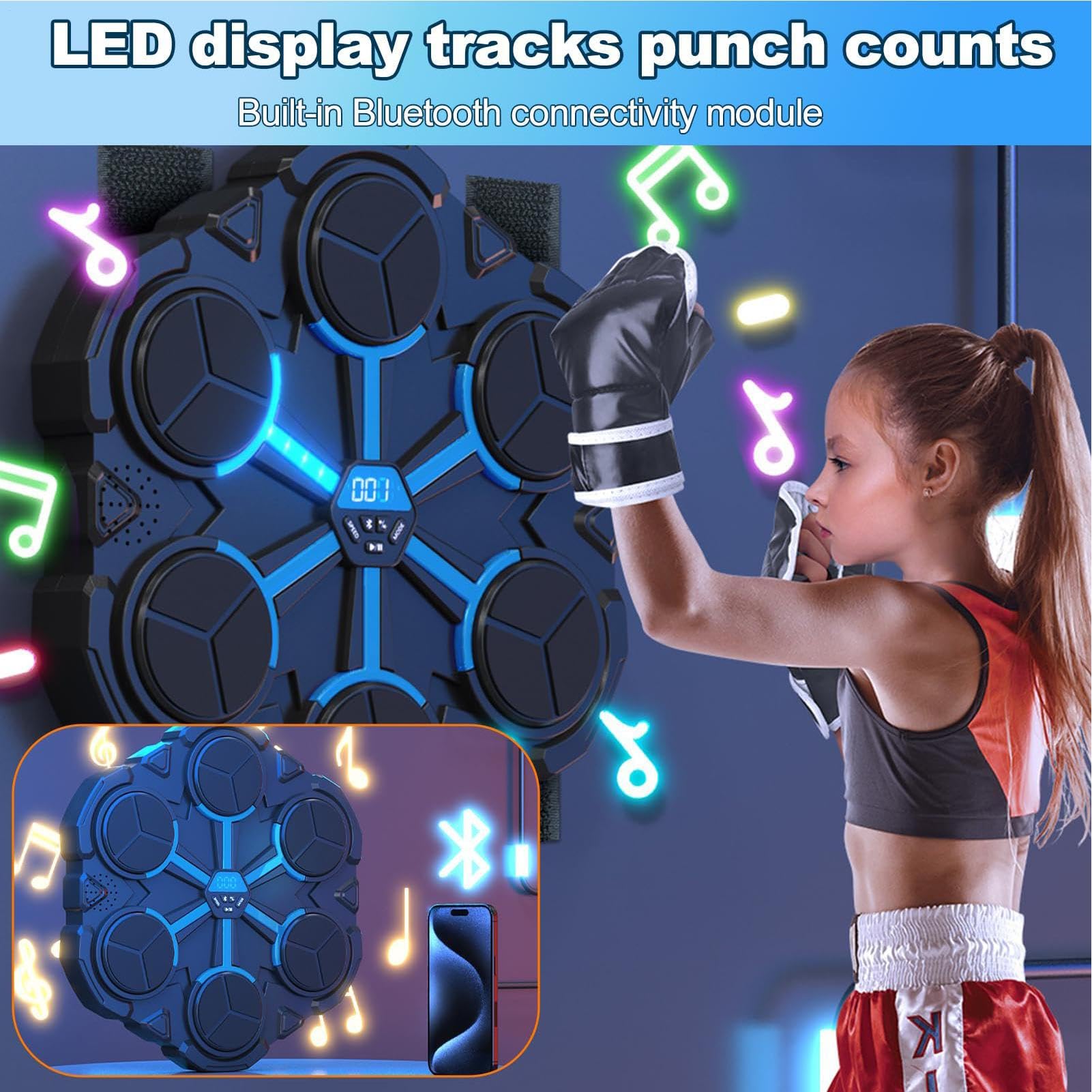 Macchina per Pugilato Musicale Attrezzatura Per Allenamento Interattiva Da | Con Colorate E Contatore LED A Parete Con Musica per Uomini e Donne, Allenamento, Sport, Ufficio,