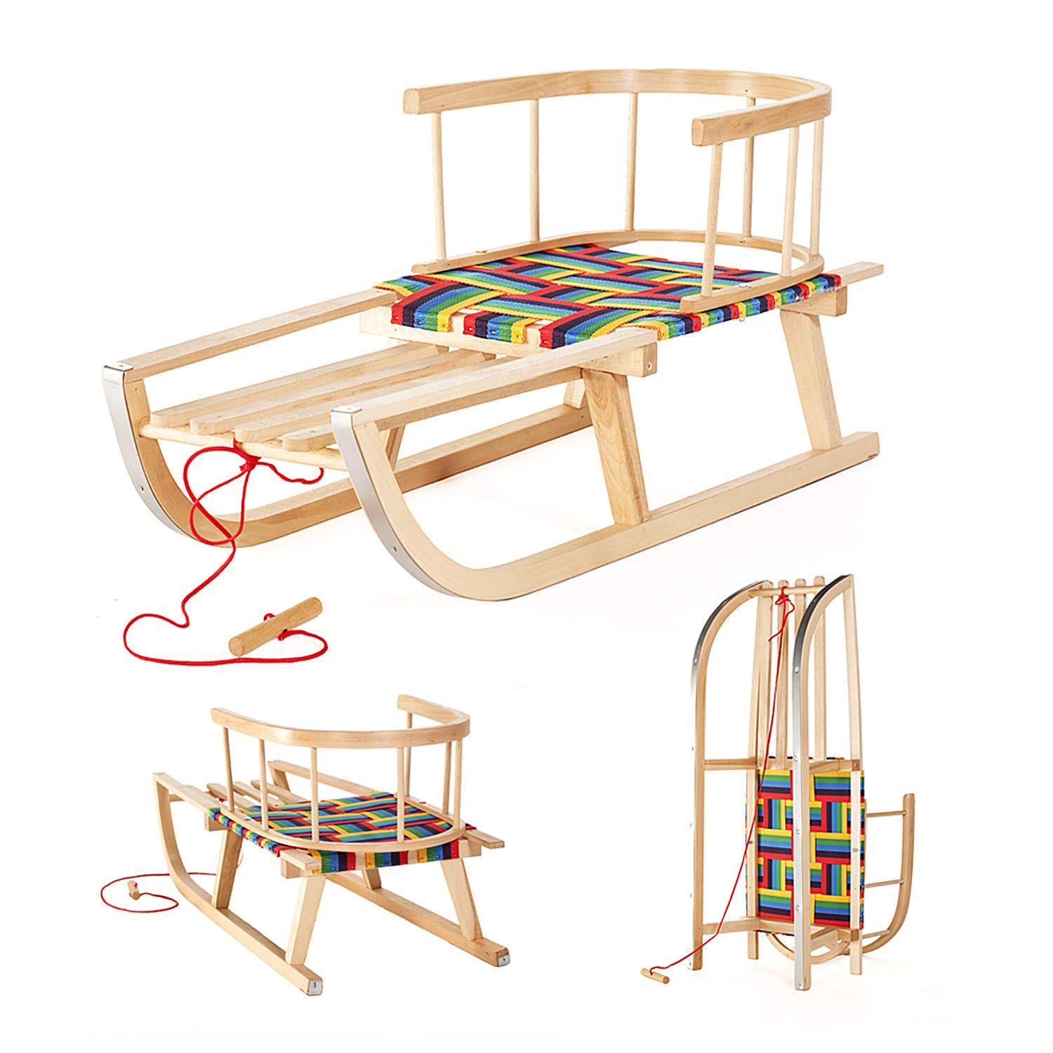 Trineo de Madera de Haya con Cuerda para Niños Multicolor - Trineo de Invierno Robusto