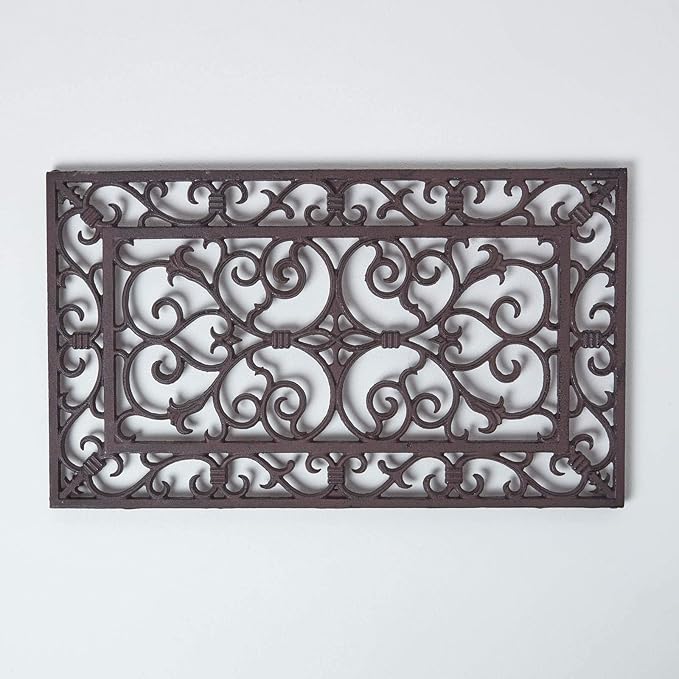 HOMESCAPES Cast Iron Door Mat Outdoor Brown Rectangular Parisian Design