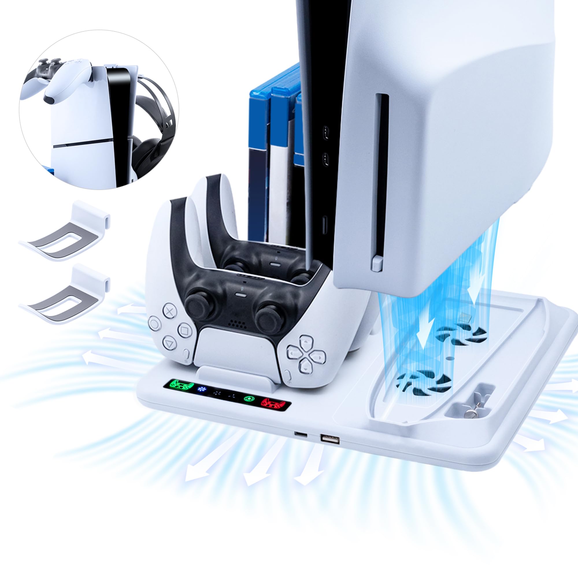 Mcbazel PS5 - Soporte de Carga Delgado y Multifuncional, Soporte de refrigeración Delgado para PS5 con Soporte para Auriculares, 6 Unidades de Almacenamiento de Tarjetas de Juego para Consola