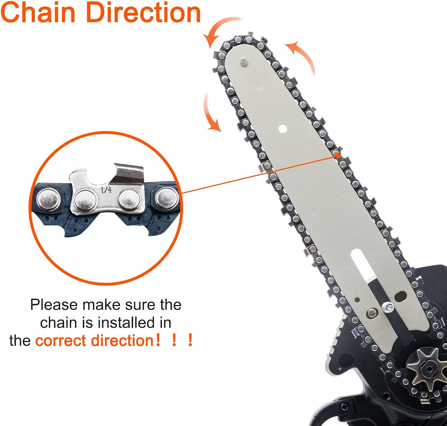 Correct chain direction for mini chainsaw
