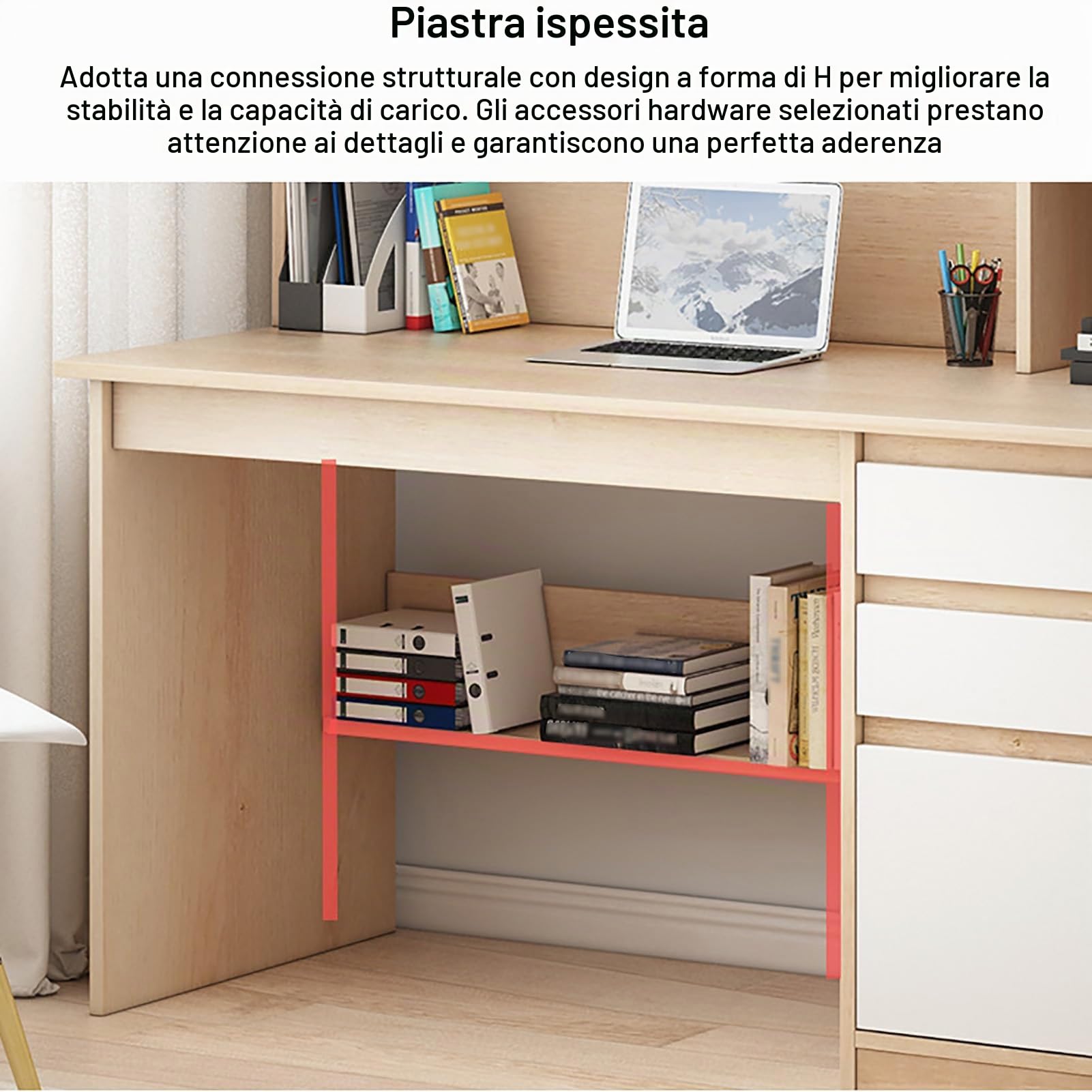 Tavolo da Scrittura Moderna con Ripiano, Tavolo da Studio Postazione di Lavoro con Credenza e Libreria, Scrivania per Computer in Legno con Cassetti per Casa/Ufficio
