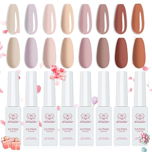 Esmalte de gel, kit de iniciación de 8 colores de piel rosa nude, otoño, día de Acción de Gracias, todas las estaciones, marrón neutro, juego de