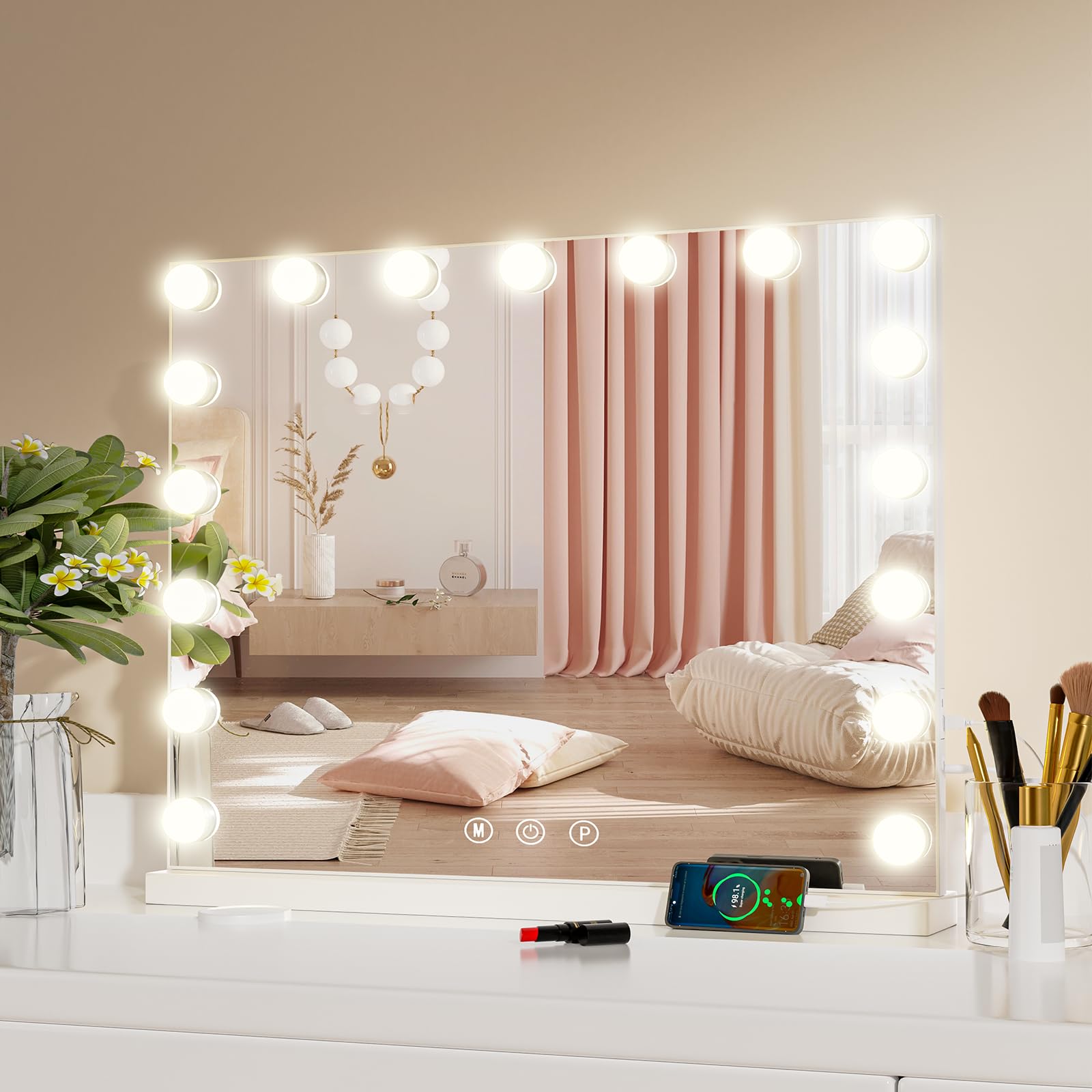 Espejo maquillaje con luz, 80x62 cm, Gran espejo tocador con luz de pared con 17 luces LED, 3 modos de iluminación, espejo con luz para maquillaje luminoso con USB y lente de aumento 10x - Blanco