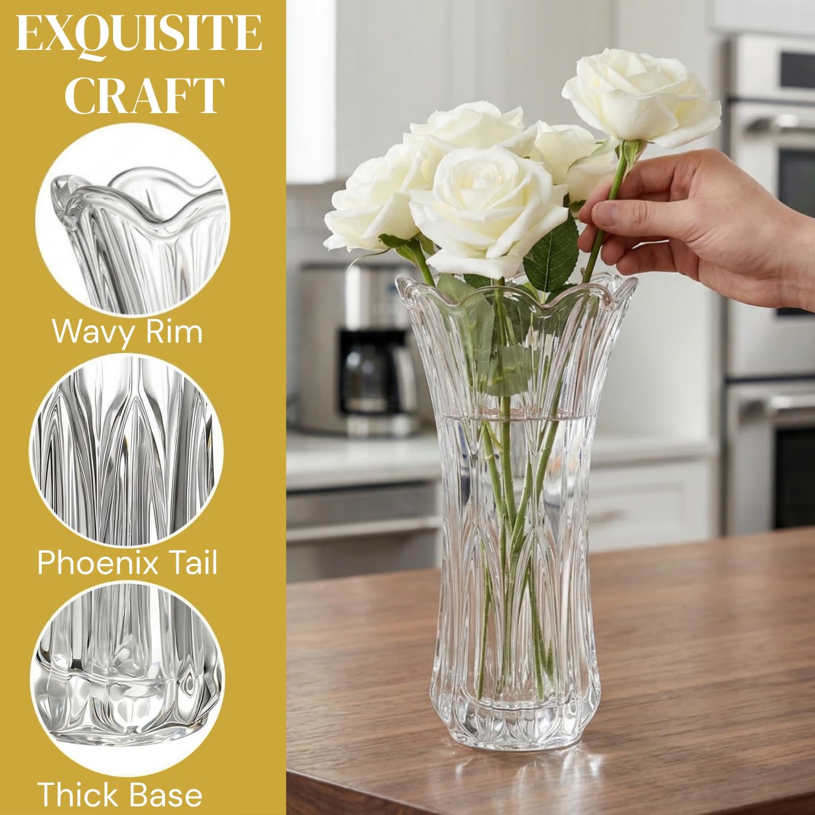 Pumtus Paquete de 2 jarrones de cristal, jarrón de cola de fénix transparente grueso de 9.5 pulgadas, jarrón decorativo moderno para centros de mesa, decoración del hogar, boda, fiesta, oficina