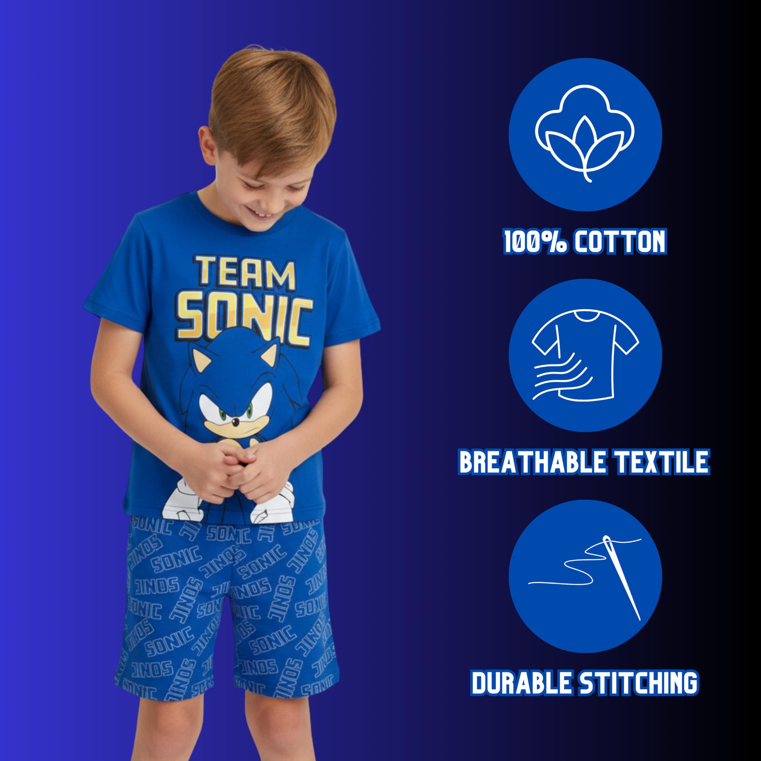 Sonic The Hedgehog Pijamas para Niño, Algodon Suave Camiseta Manga Corta y Pantalon Corto, Tallas 4 a 10 Años