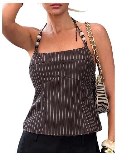 SOLY HUX Women's Striped Halter Top Vintage Bow Tie Open Back Going Out Crop Tops - Medium - Brown Striped