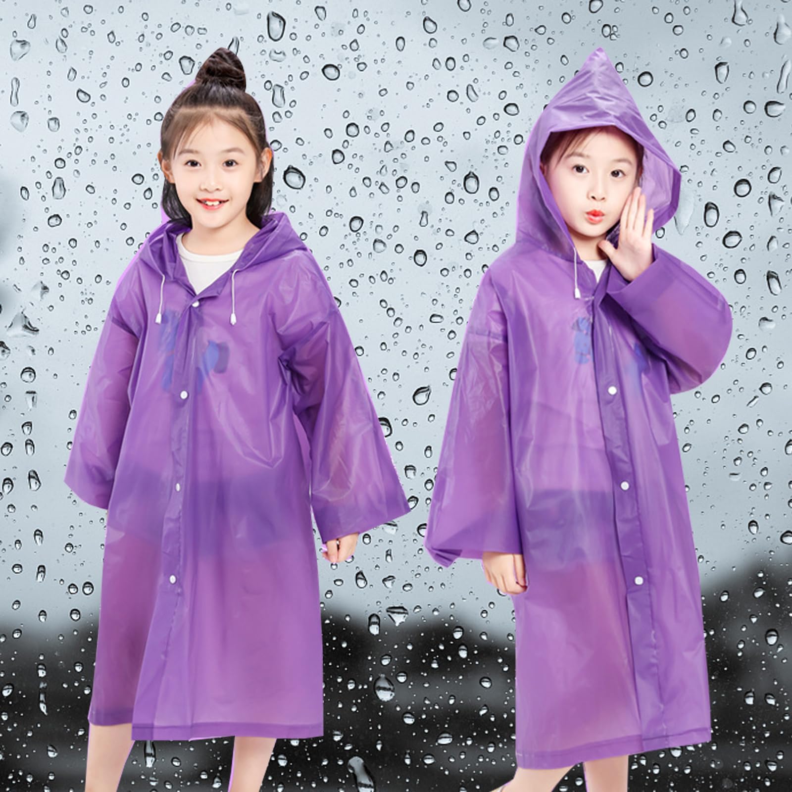 2 Piezas Infantiles Impermeable Chubasquero, Poncho Lluvia con Capucha, EVA Ponchos Lluvia Niños, Reutilizable, para Ciclismo Aire Libre, Camping, Viajes y Pesca (Púrpura)