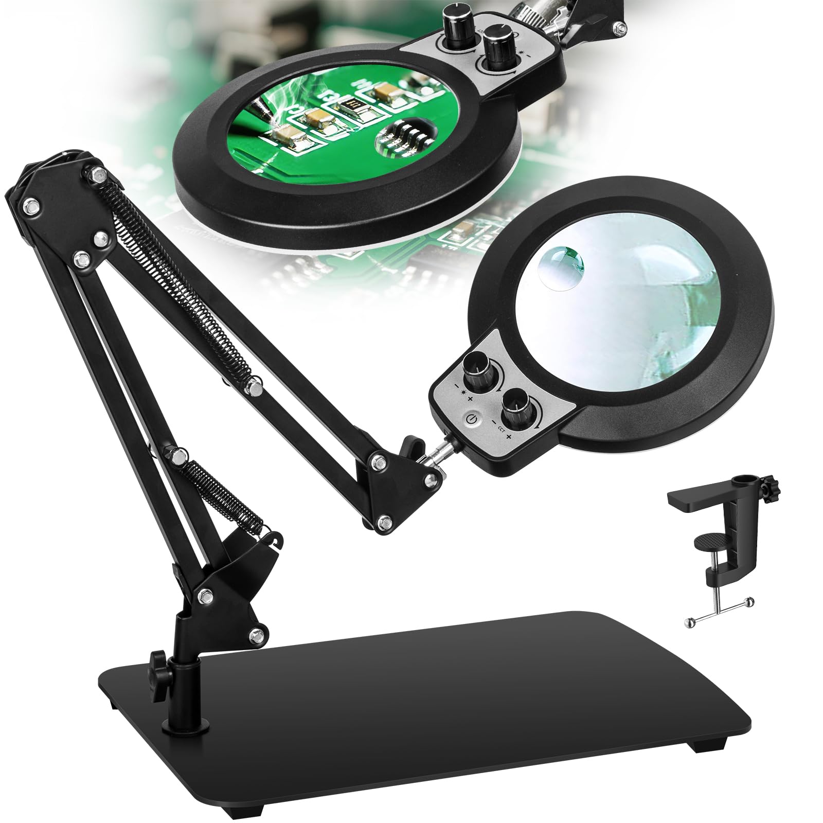 10X Magnifying Glass with Light and Stand, Flexible Magnetic Helping Hands, Large Base & Clamp Magnifying Lamp, 3 Color Adjustable Arm Desk Magnifying Glass with Light for Soldering Craft Hobby