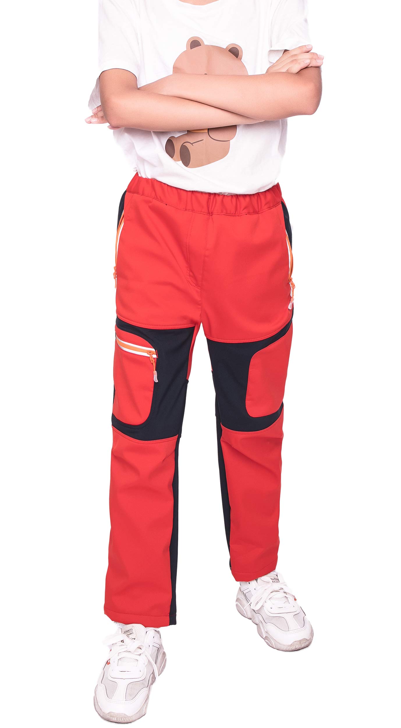 Pantalones de senderismo con forro softshell para niños, resistentes al viento, impermeables, transpirables, cálidos, para exteriores, con rayas reflectantes para niños y niñas (rojo, XL)