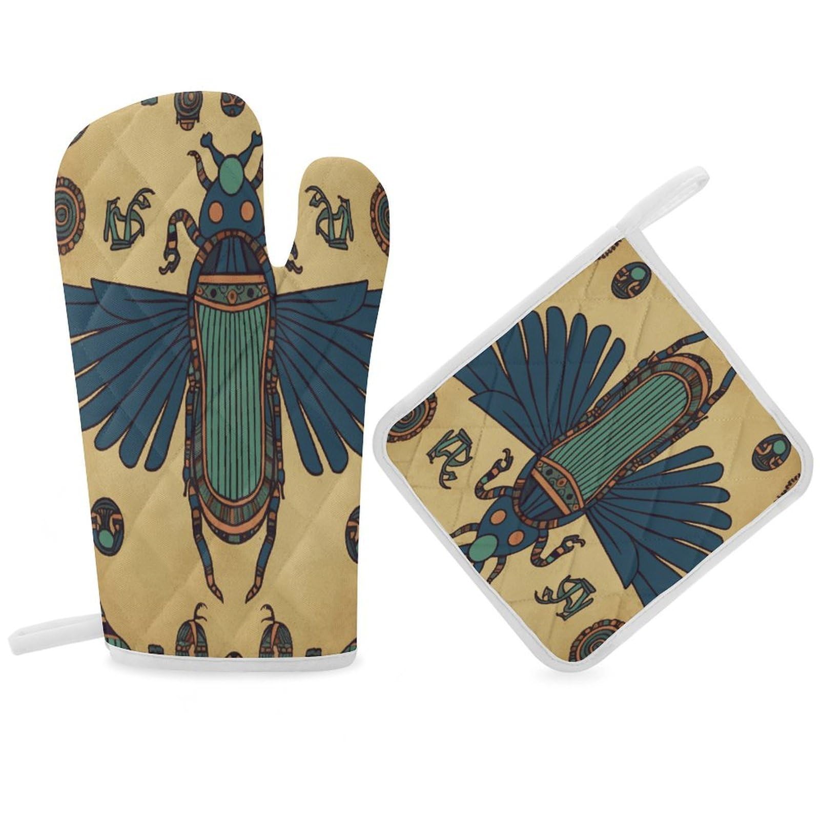 Fodpand Women's Style Egyptian Scarab Oven Mitts And Pot Holders Sets,Oven Gloves For Kitchen Oven Mitts And Potholders For Baking Cooking Grilling Apartment Essentials