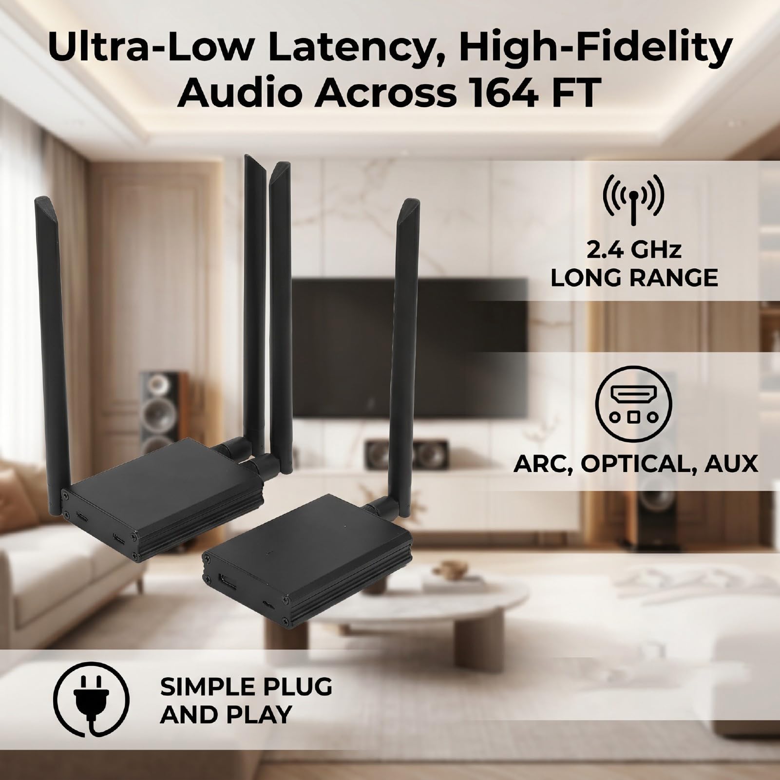 GOWENIC Receptor de Transmisor de Sonido Inalámbrico de 2,4 GHz, Kit de Adaptador de Audio Bluetooth 5.3, Largo Alcance de 164 Pies, Baja Latencia, con ARC óptico de 3,5 Mm, para TV,