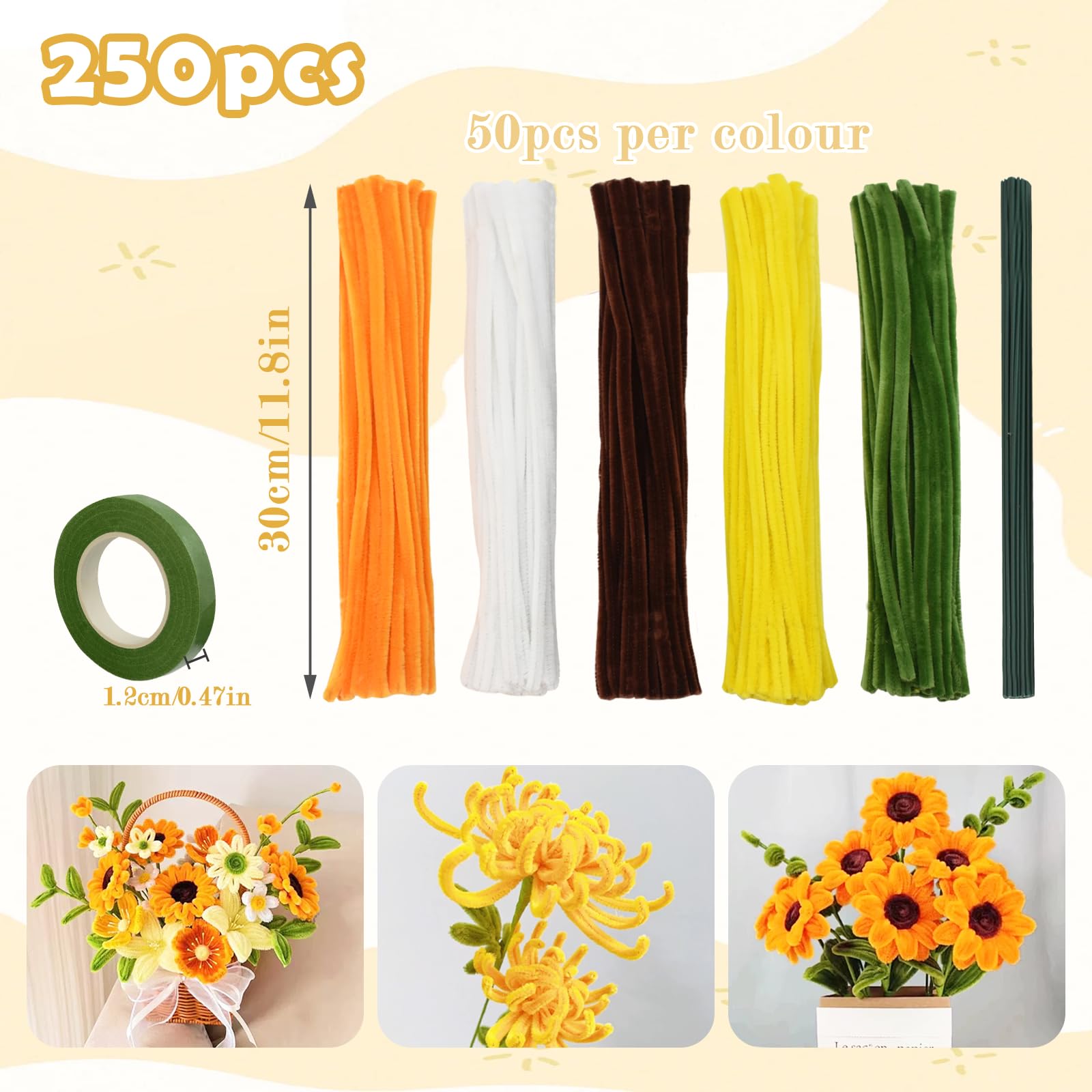Coriver Flower Pipe Cleaners for Crafts,5 Colors Long Pipe Cleaner - Image 2
