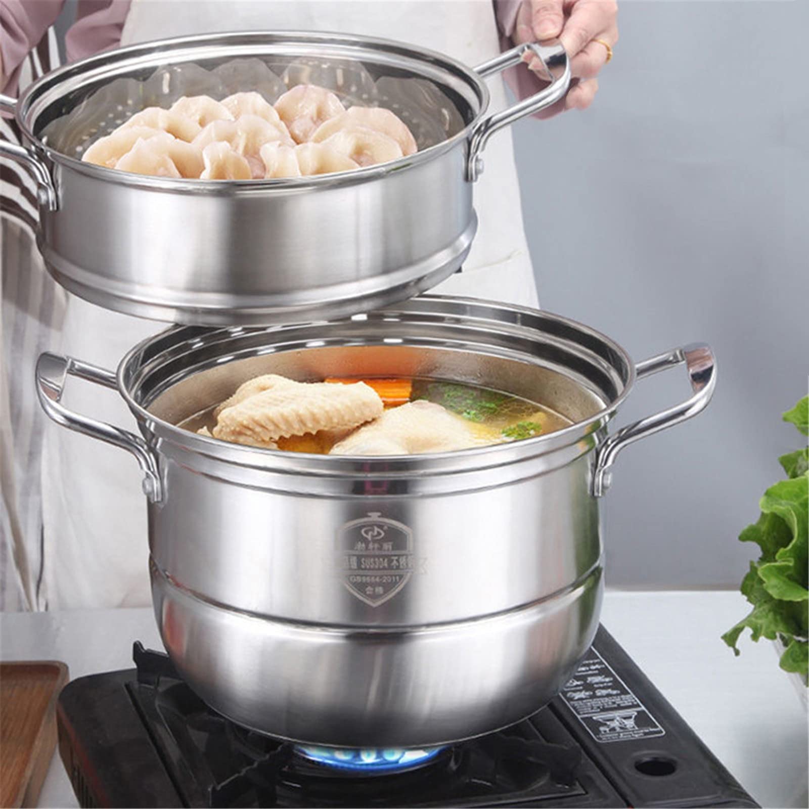 ひと鍋で一度に3種調理！ステンレス 二重鍋 蒸し器付き Amazon.co.jp: 蒸し器 ステンレス二層三層二重底調理鍋多目的調理鍋