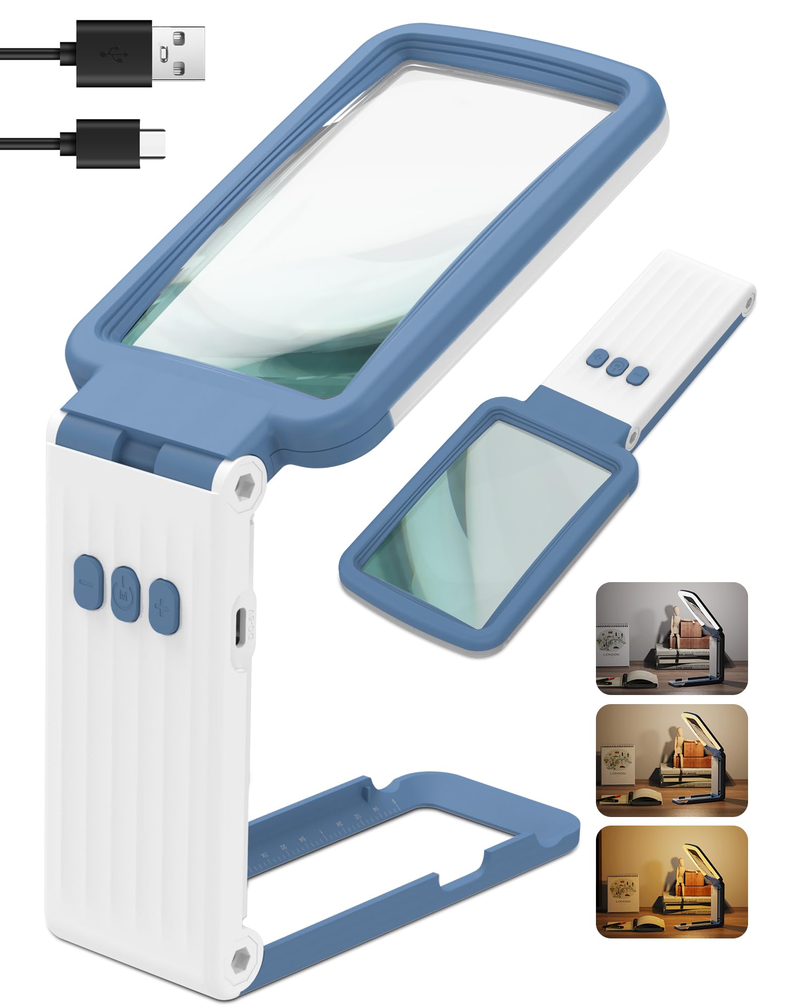 15X Magnifying Glass with Light and Stand, Rechargeable Folding Handheld Real Glass Magnifier, 3 Color Modes Dimmable Lighted Page Magnifying Sheet for Seniors Low Vision Small Prints - Blue White