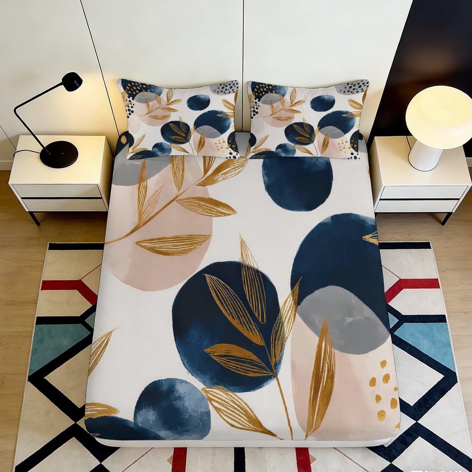 3D Printed Abstract Botanical Fitted Sheet Microfiber Soft Blue Gold Geometric Mattress Cover for Bedroom Guest Room 90x200x25cm