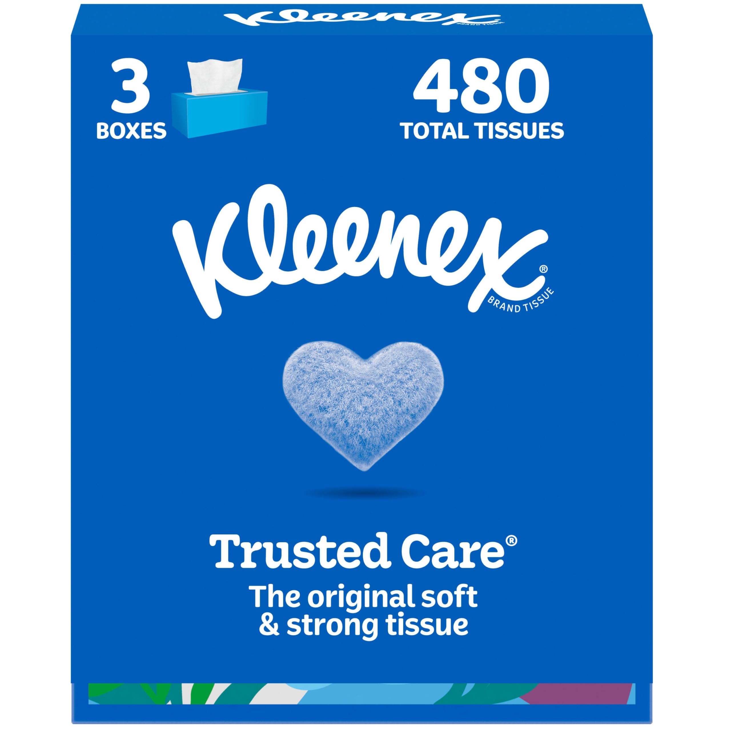 Kleenex Trusted Care Facial Tissues, 3 Flat Boxes, 160 Tissues per Box, 2-Ply (480 Total), Packaging May Vary
