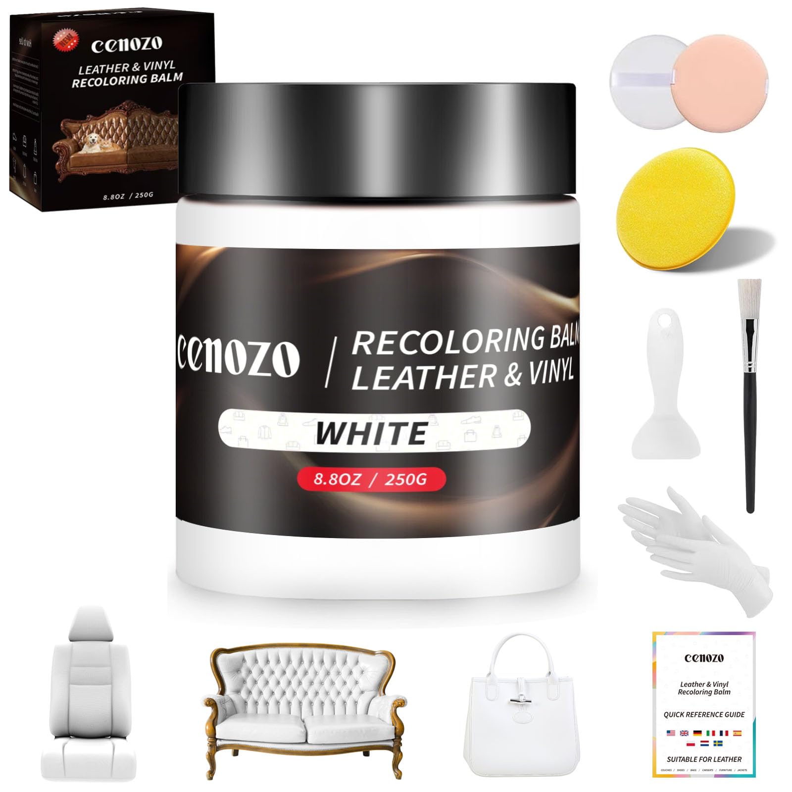 250g Bianco Kit Riparazione Pelle,Smacchiatore Sedili Auto,Ripara Pelle Divano Graffio,Pelle Rinnova Volante in Pelle,Tintura per Pelle Scarpe,Giacca,Sofa,Sedili Auto