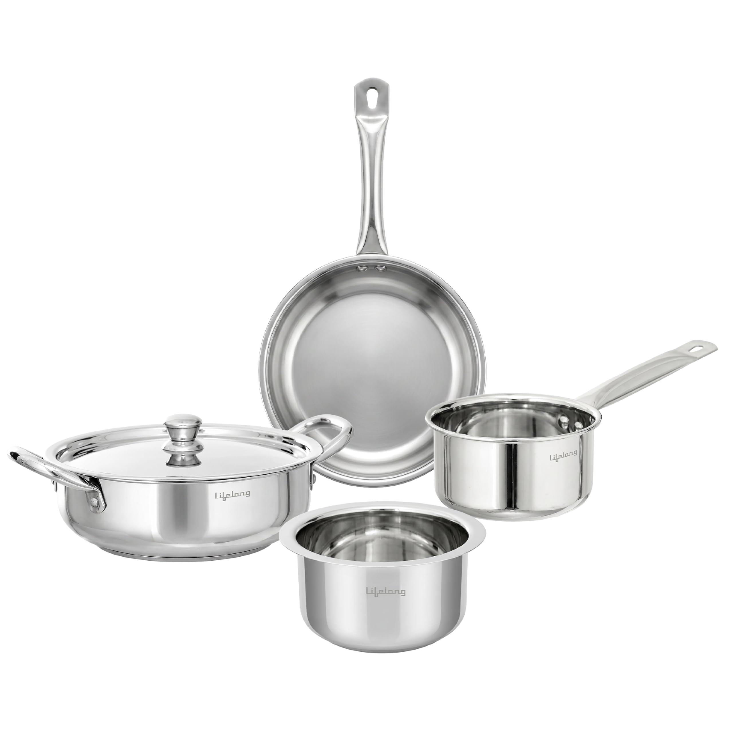 Lifelong 0.8mm Thick Stainless Steel Combo of 4-Kadhai, Fry Pan, Saucepan, Tope, Common Lid|Easy Pour Edge, Riveted Handles, Gas Stove/Induction Friendly, Even Heat Distribution, Lightweight & Durable-image-13