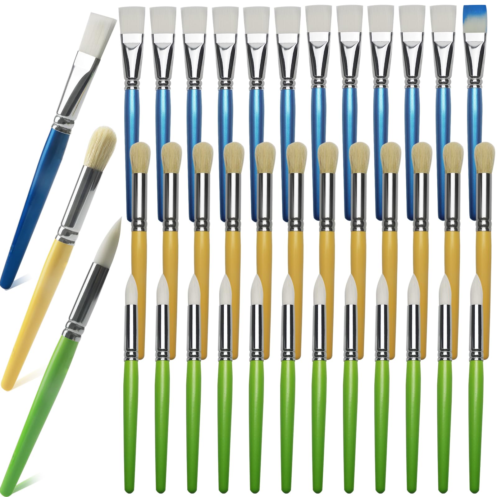 Lot de 36 pinceaux de peinture en vrac pour enfants, pour la rentrée scolaire, pinceaux plats et ronds pour tout-petits et salles de classe, manche court en bois
